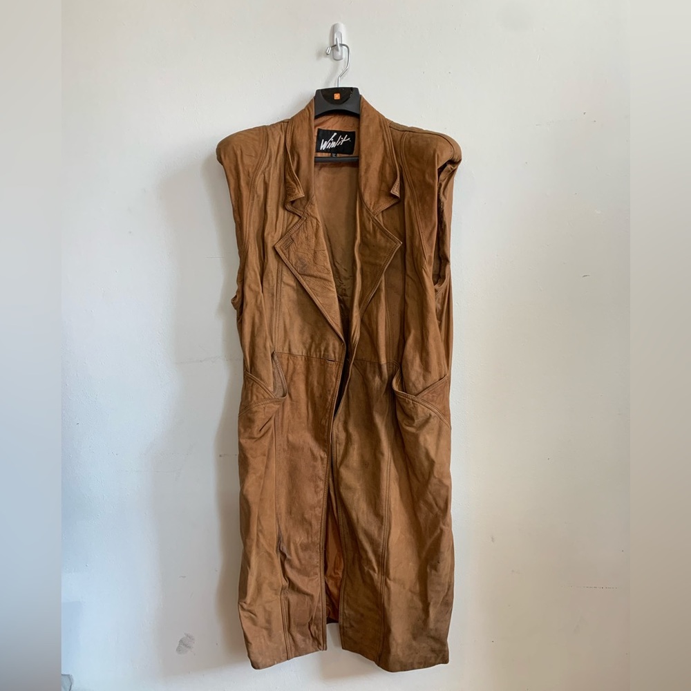 Custom Suede Leather Vintage Trench Vest, Exaggerated Shoulders, Distressed